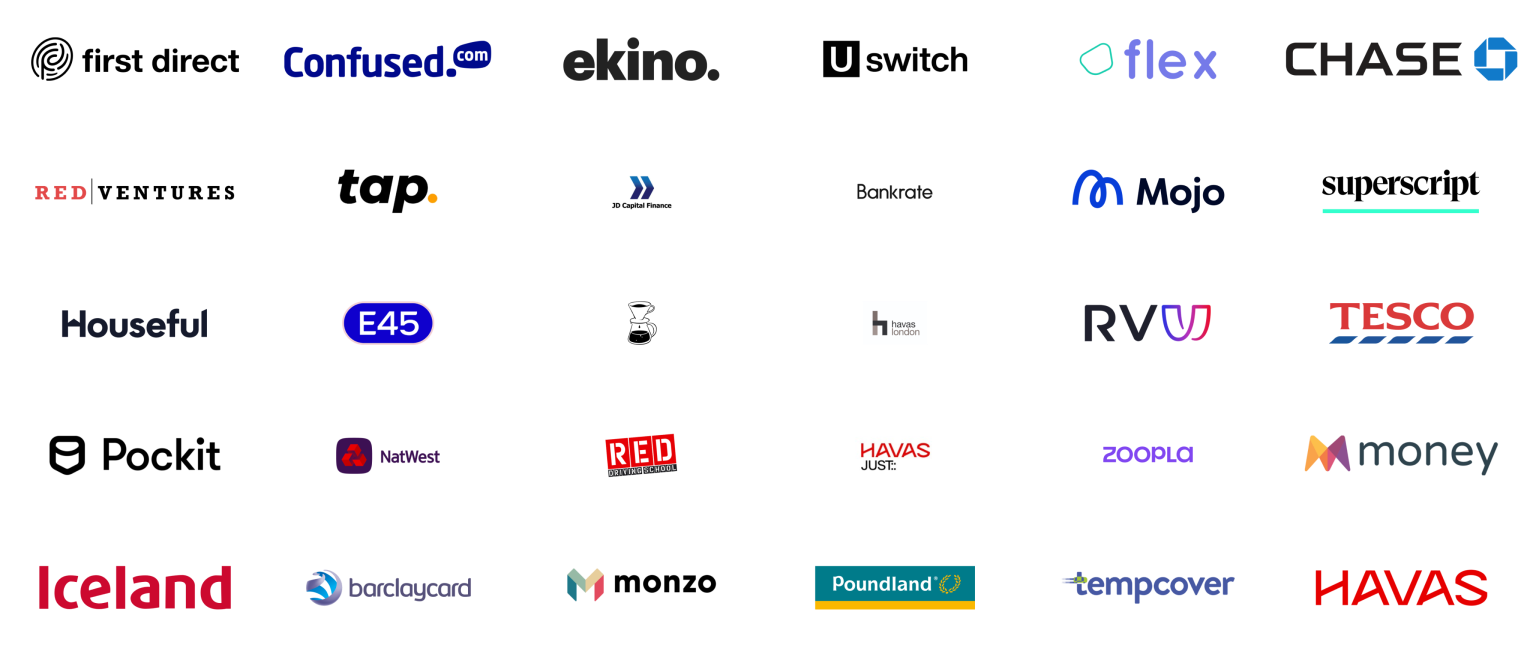 Logos for businesses worked with, including RVU, Red Ventures, Uswitch, HAVAS and many more