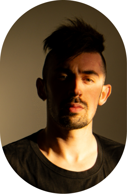 Matt Burdis hero image, with portrait and graphics